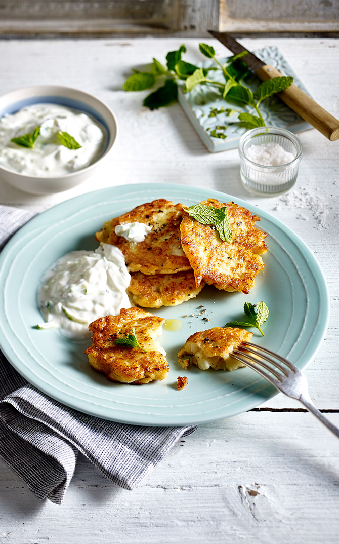 Cauliflower Pancakes with Cucumber Cottage Cheese