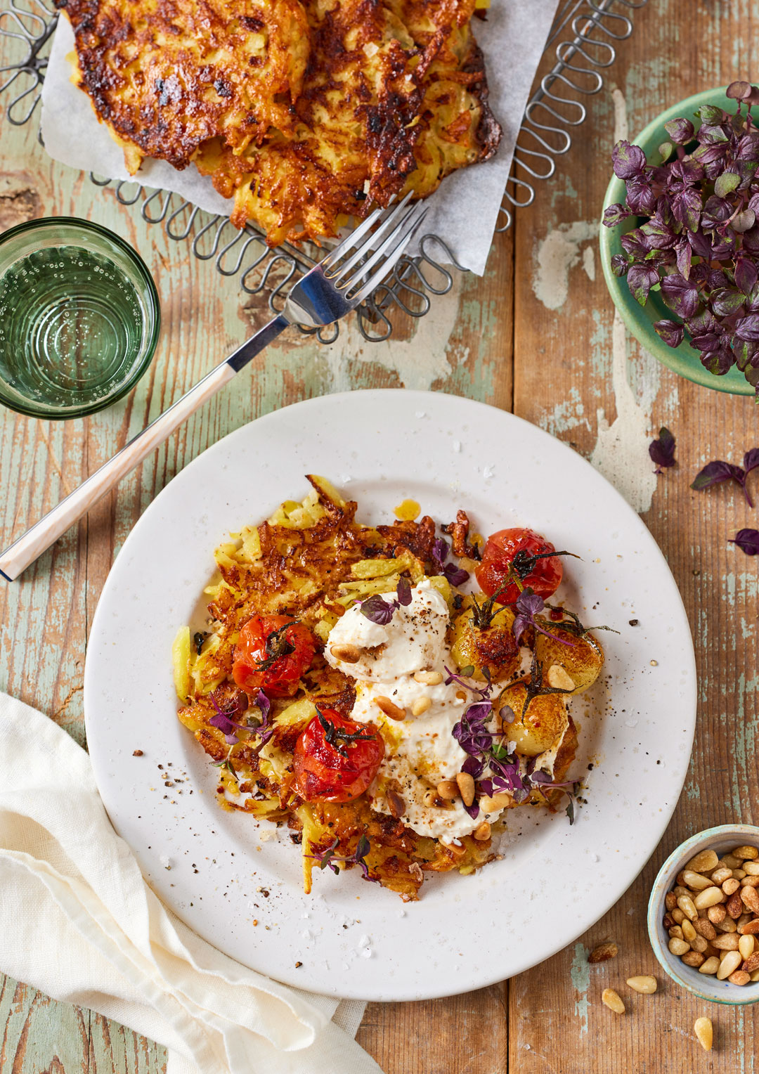 Potato and Roasted Onion Pancakes with Fruity Tomatoes